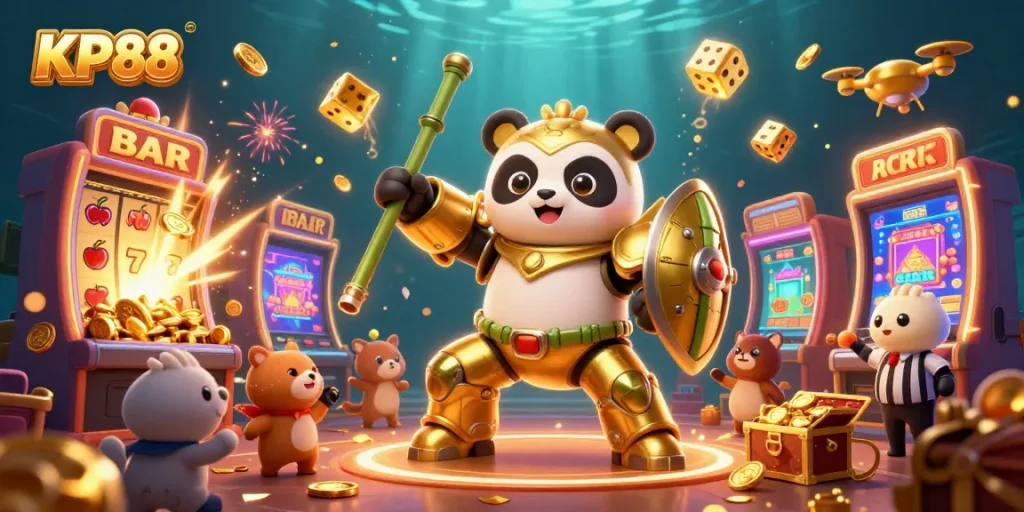 Experience the thrill of KP88 as the golden panda battles in a vibrant casino arena filled with excitement.