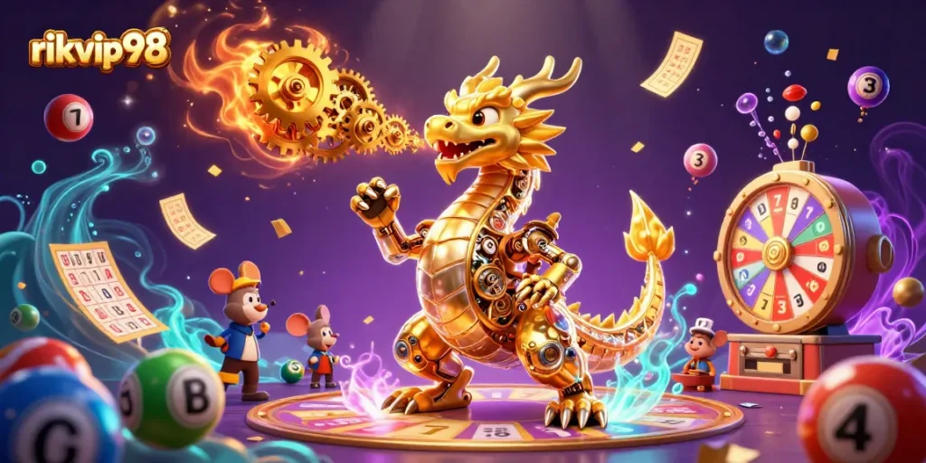 Experience excitement at rikvip98 with a vibrant 3D illustration of a golden dragon and lottery elements.