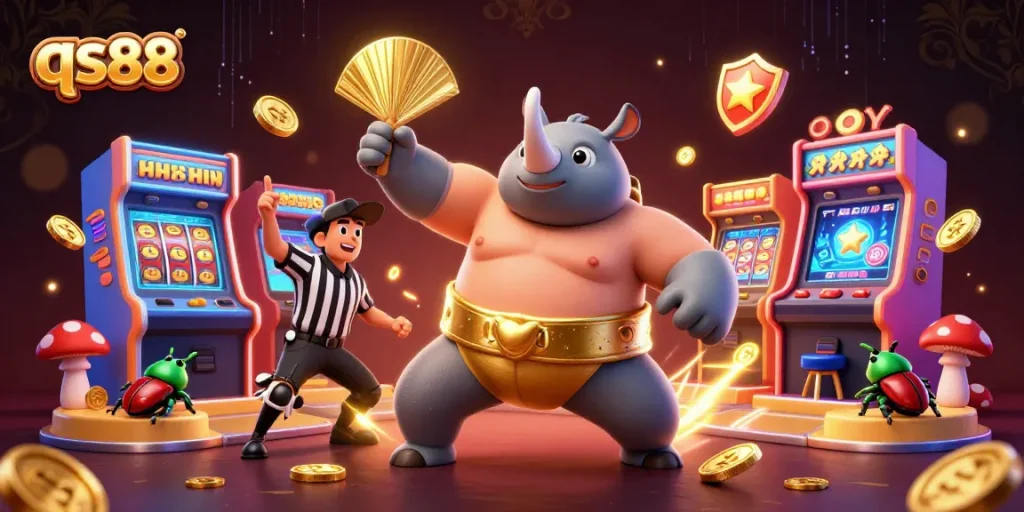 Exciting qs88 gaming scene featuring a beetle champion scattering gold coins amidst colorful casino elements.