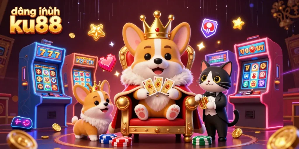 Engage with the đăng nhập ku88 portal featuring a royal corgi on a poker chip throne amidst dynamic casino elements.