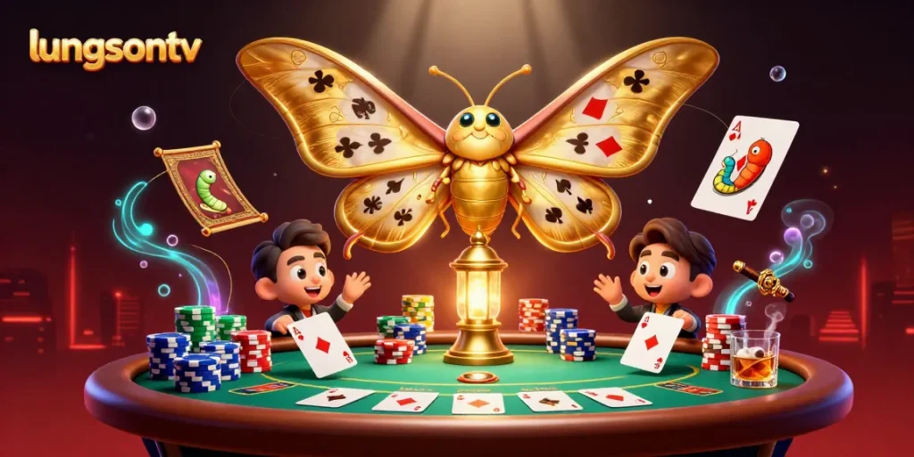 luongsontv showcases a vibrant casino scene with a golden moth and poker elements.