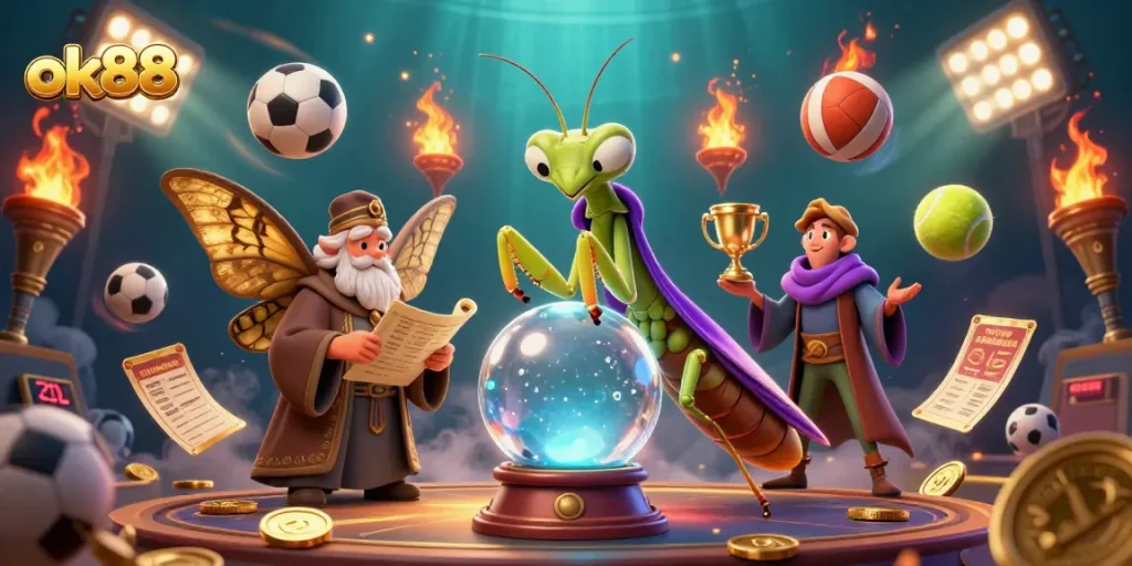 Engage in thrilling betting action with ok88's lively depiction of fortune tellers and sports elements.