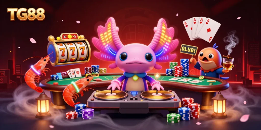 Engage with TG88's vibrant gaming scene featuring a neon-colored DJ, shrimp dancers, and poker elements.