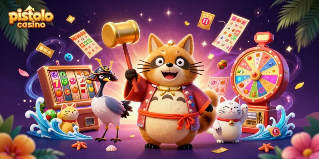 Pistolo Casino biedt spelers kleurrijke gokkasten en spannende spellen met een vrolijke tanuki.