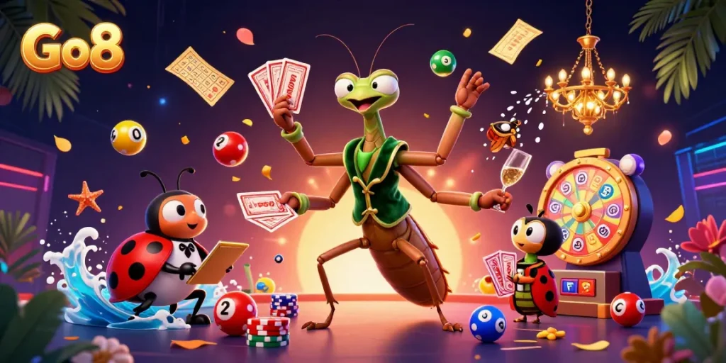 Go8 offers thrilling casino experiences with vibrant illustrations of card games, lottery balls, and winning moments.