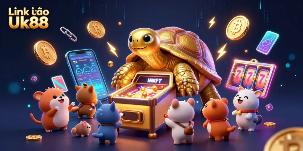Engaging scene showcasing the dynamic "Link vào Uk88" with a golden tortoise and crypto elements.