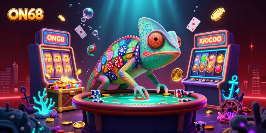 Experience the thrilling world of ON68 with a vibrant chameleon casino scene filled with slot machines and gold coins.