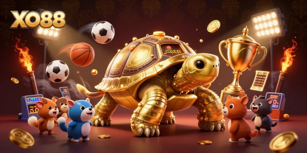 Experience the excitement at XO88 with a dynamic 3D illustration of a gaming tortoise and quick sports action.