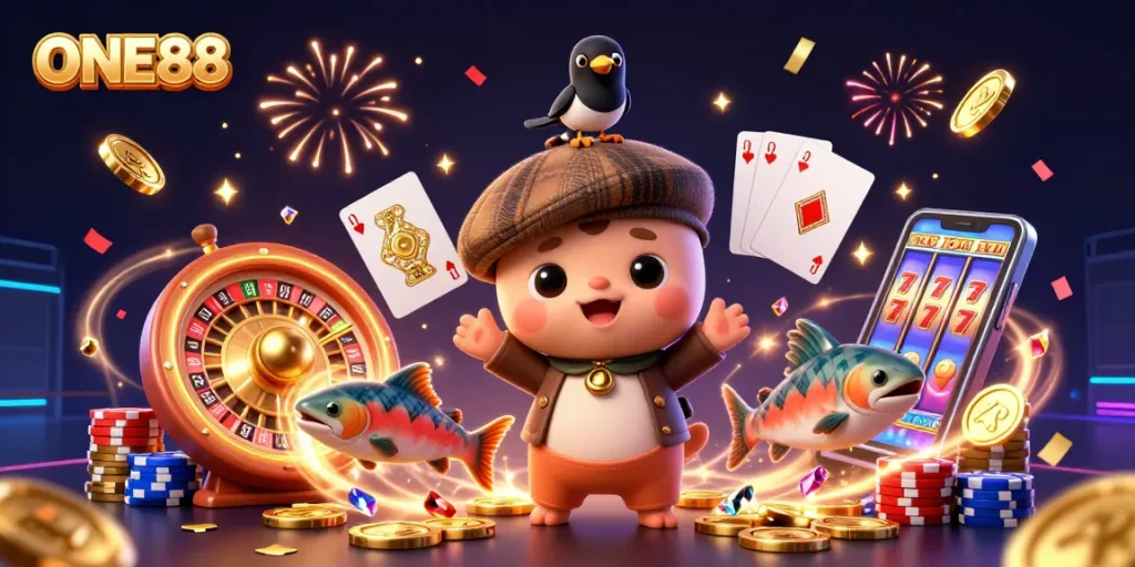 ONE88 promotes gaming excitement with a cute Loch Ness monster and vibrant casino elements.