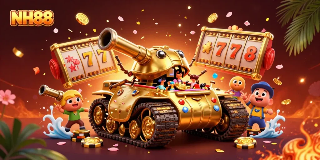 Play slots and win big at NH88's vibrant casino adventure illustration, showcasing a unique beetle tank casino.