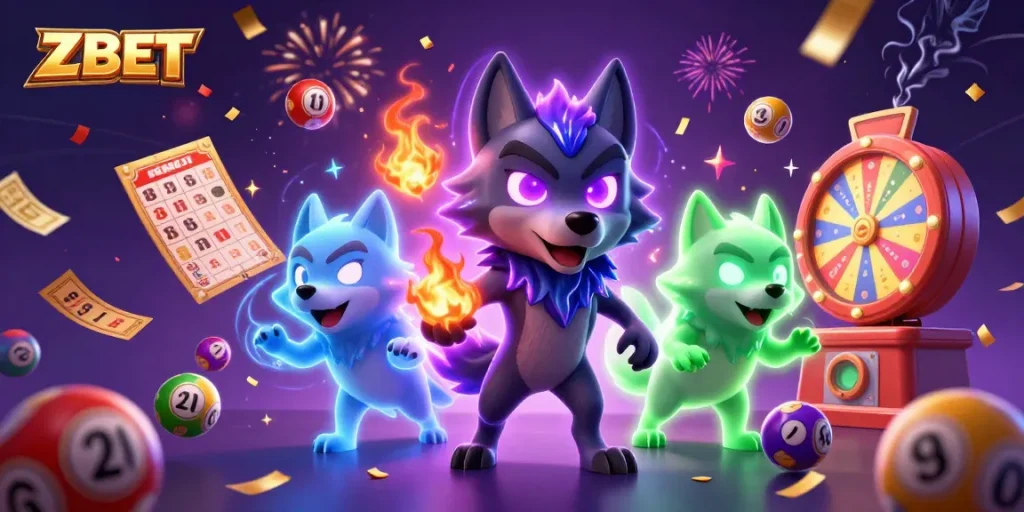 ZBET captivates players with an engaging 3D wolf casino scene celebrating winnings and lottery excitement.