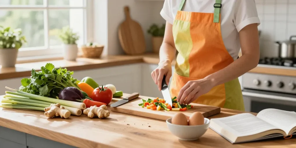 Prepare a nutritious dish using fresh ingredients like ginger and lemongrass in a lively kitchen scene showcasing wholesome cooking.