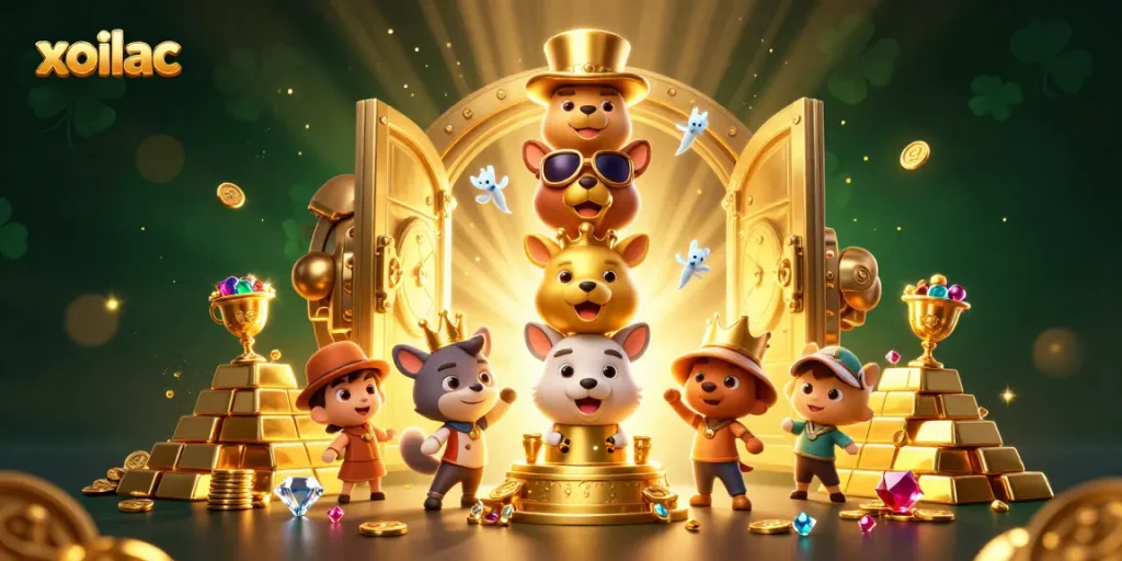 Engage with xoilac features in this vibrant 3D casino illustration bursting with treasures.