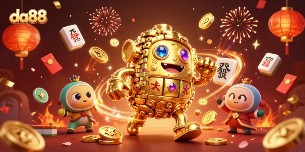 Engage with the vibrant world of da88 featuring a golden golem amidst festive casino elements.