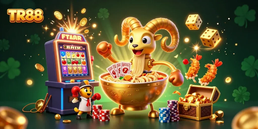 Experience thrilling casino action with TR88 featuring a vibrant 3D golden ramen bowl character amidst jackpots and fun.