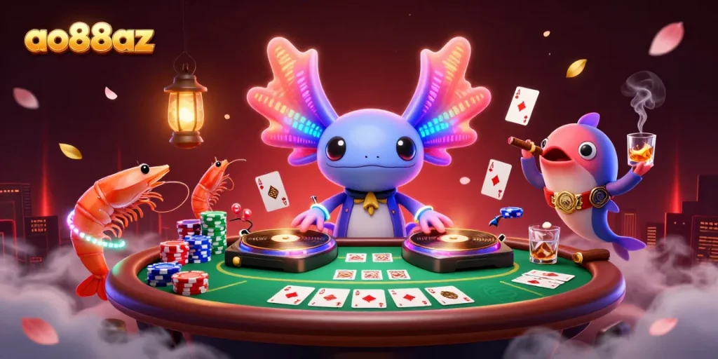 Celebrate wins at ao88az with neon characters and lively poker action in a vibrant casino scene.