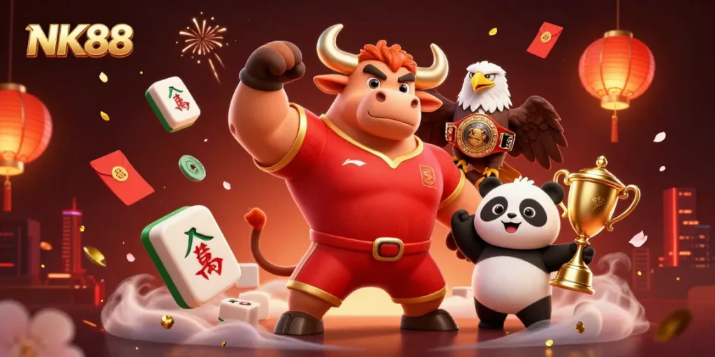 Engage in thrilling gameplay with NK88 at this lively casino scene featuring mascots and festive elements.