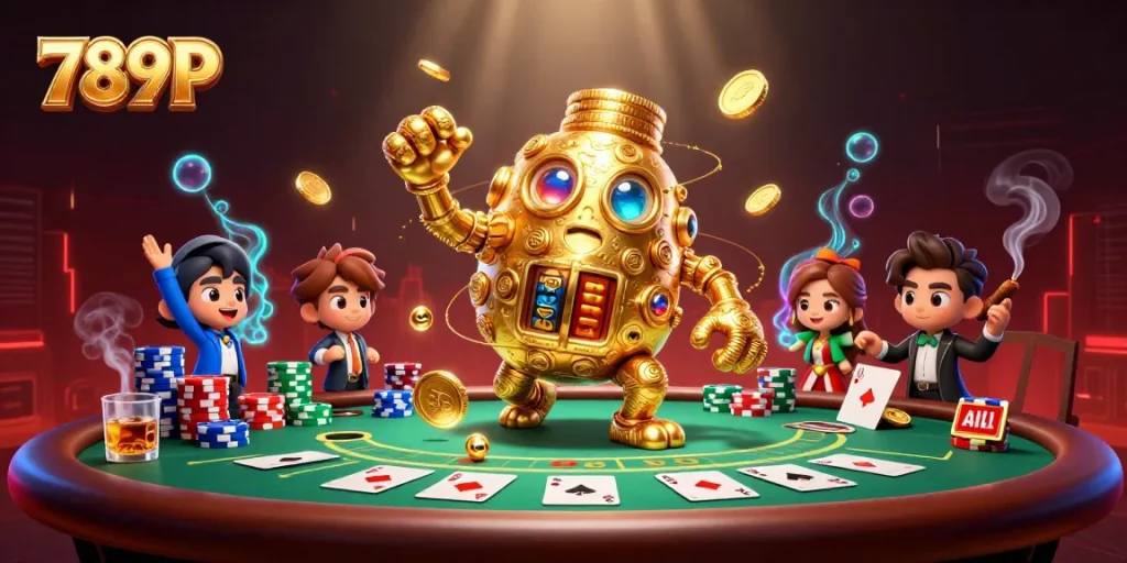 Experience the excitement of 789P with a dynamic illustration of a golden golem amidst poker and casino elements.