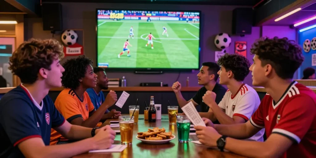 Voetbalweddenschappen in een bruisende sportbar met enthousiaste fans en live wedstrijden.