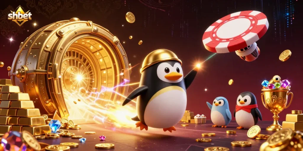 Experience the vibrant adventures at SHBET with the golden penguin and casino space station.