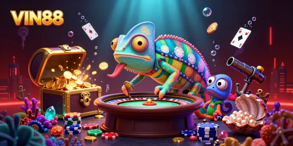 Experience the vibrant world of VIN88 with a colorful chameleon casino owner and exciting casino elements.