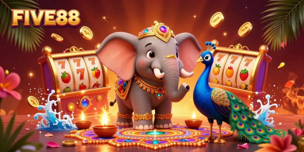 Experience the vibrant and immersive world of FIVE88 with dynamic slot action, decorative elements, and festive character designs.