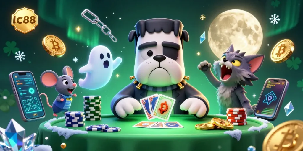 Bet big with lc88 at a spooky casino table featuring unique characters in a lively scene.