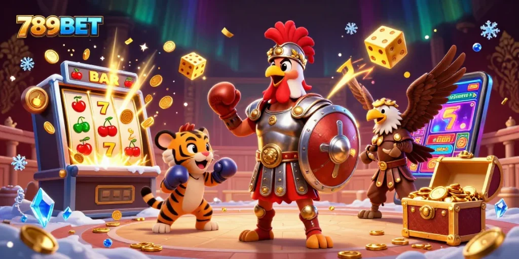Experience thrilling action at 789BET as the gladiator rooster and friends charge into a vibrant casino battle!