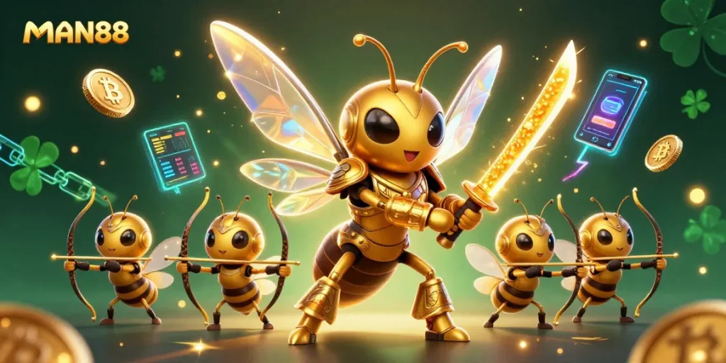 Engage in thrilling gaming at MAN88 with a vibrant 3D hornet warrior, NFTs, and crypto coins