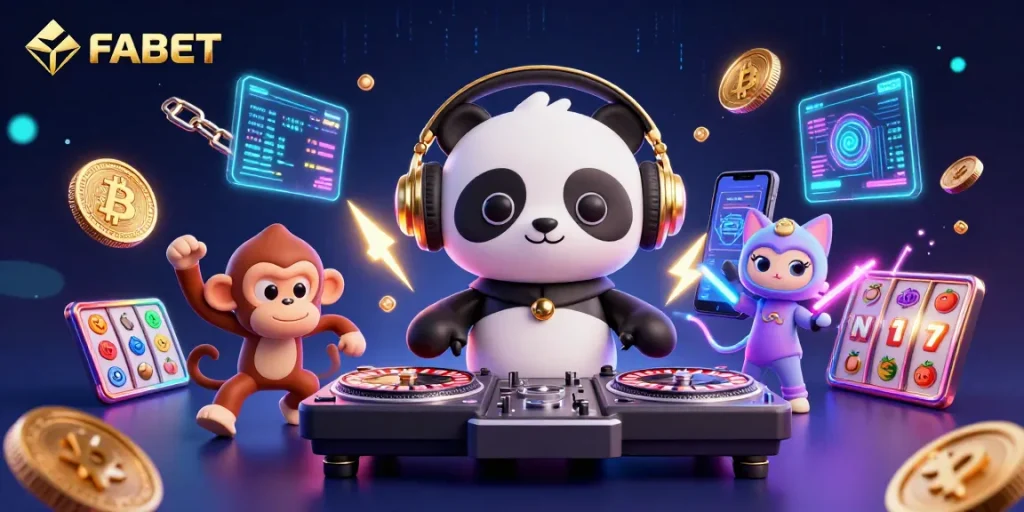 Experience gaming excitement with FABET’s vibrant casino-themed 3D illustration featuring lively characters.
