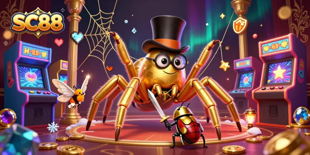 Engage with SC88's vivid online casino realm, featuring a vibrant golden tarantula and dynamic gaming elements.