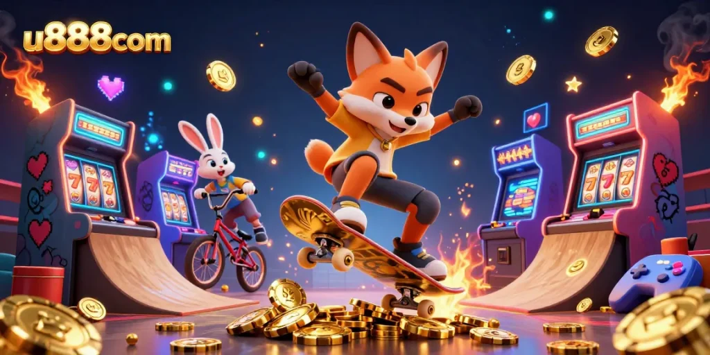 Experience thrilling fun with u888com as a fox skater flips over golden poker chips amidst vibrant casino graphics.