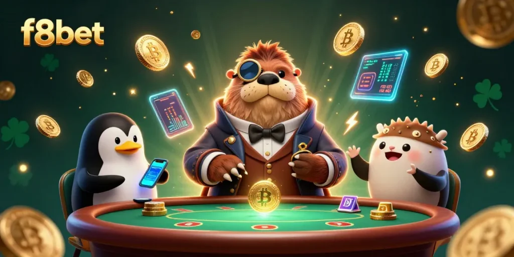 Join the fun at f8bet with a jolly walrus playing cards in an underwater casino setting.