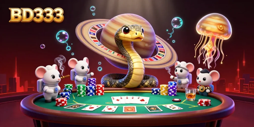 Engaging scene showcasing BD333 where cartoon characters bet on a roulette wheel planet amidst vibrant casino elements.