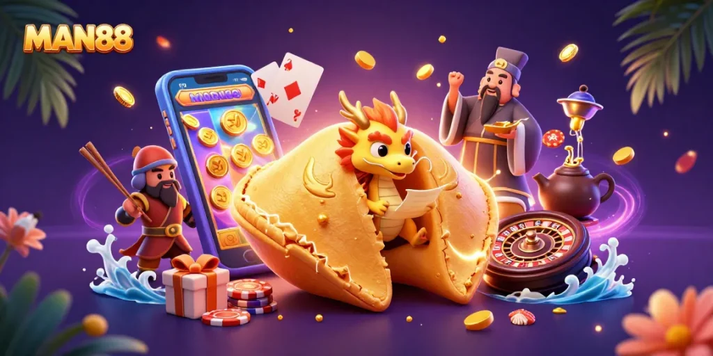 Engage in thrilling gameplay at MAN88 with vibrant slots and golden treasures enveloping a lucky fortune cookie scene.