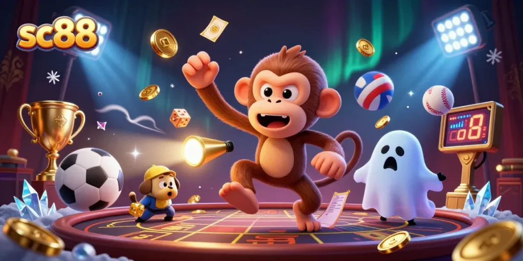 Experience thrilling moments at sc88 as a monkey juggles golden betting elements in a haunted casino.
