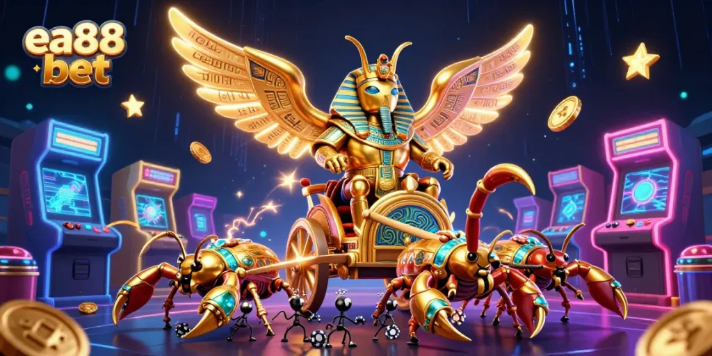 Experience thrilling fun with ea88 bet featuring a golden beetle and scorpions in a vibrant casino scene.