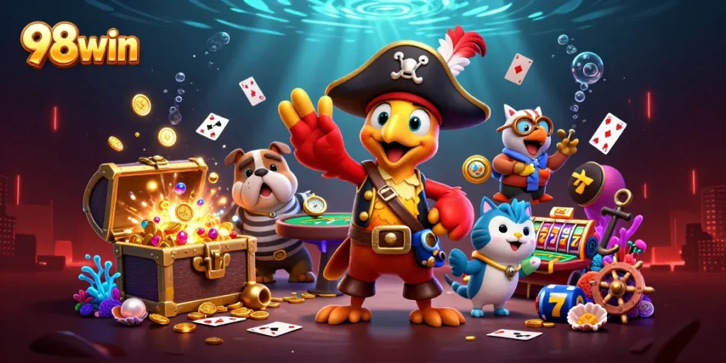 Engage with thrilling gaming adventures at 98win featuring vibrant pirate-themed characters and casino elements.