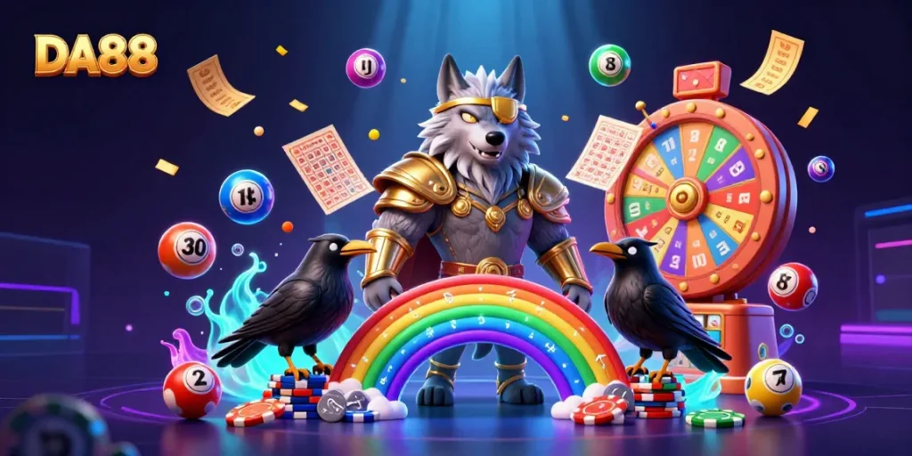 Engage with the thrilling DA88 lottery scene featuring Norse-inspired characters and vibrant bingo elements.