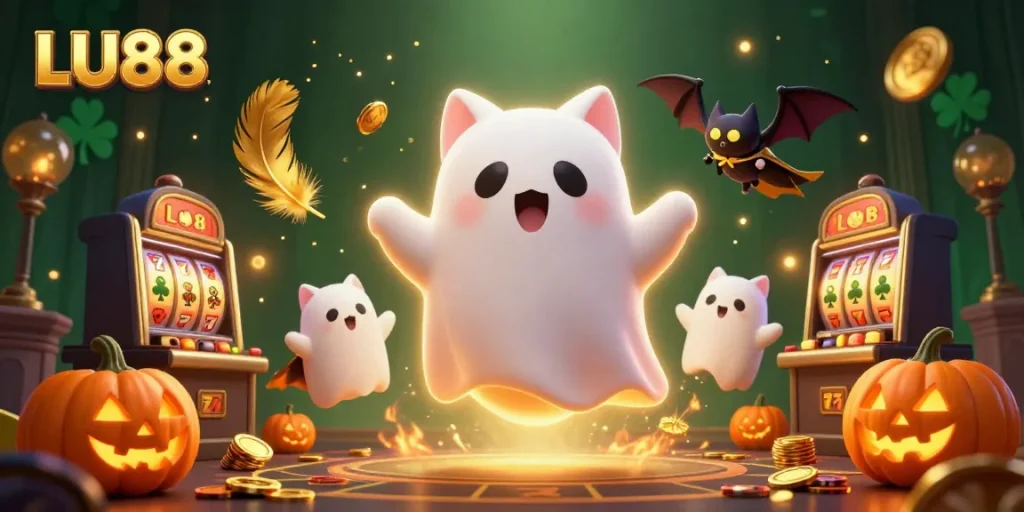 LU88 delivers thrilling gaming with a ghost cat, bat, and spooky slots in a haunted casino scene.