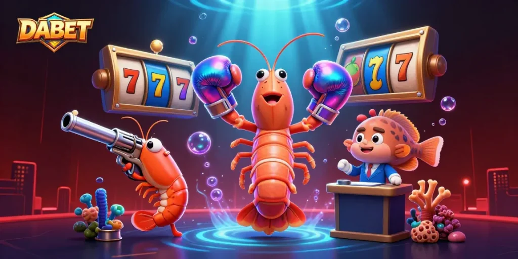 DABET showcases an action-packed casino scene with a mantis shrimp champion amidst colorful slot elements.