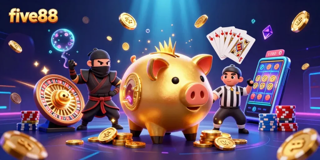 Experience excitement with five88's golden piggy bank sumo wrestler amidst dazzling coins and games.