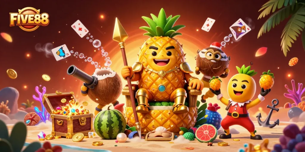 Experience the vibrant world of FIVE88 with a golden pineapple king and exciting casino games.