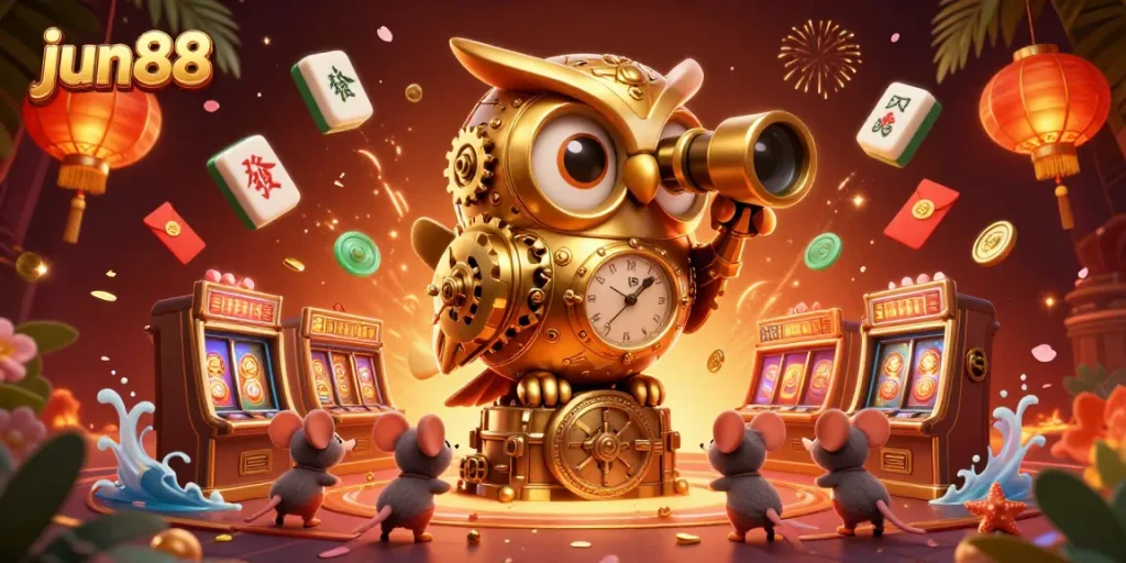 Experience the excitement of jun88 with a vibrant casino scene featuring a golden owl and charming mice.