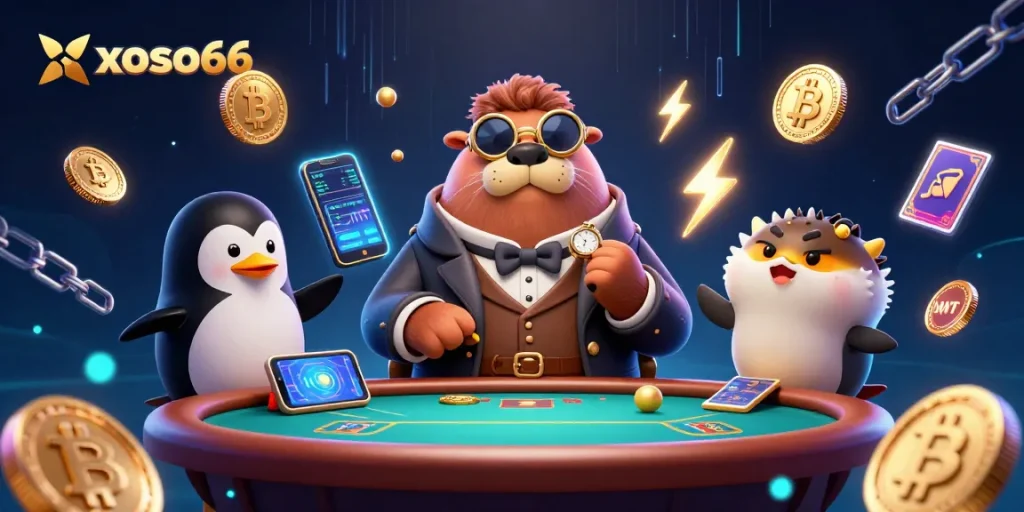 Experience gaming excitement at xoso66 with a jolly walrus and friends at a poker table.