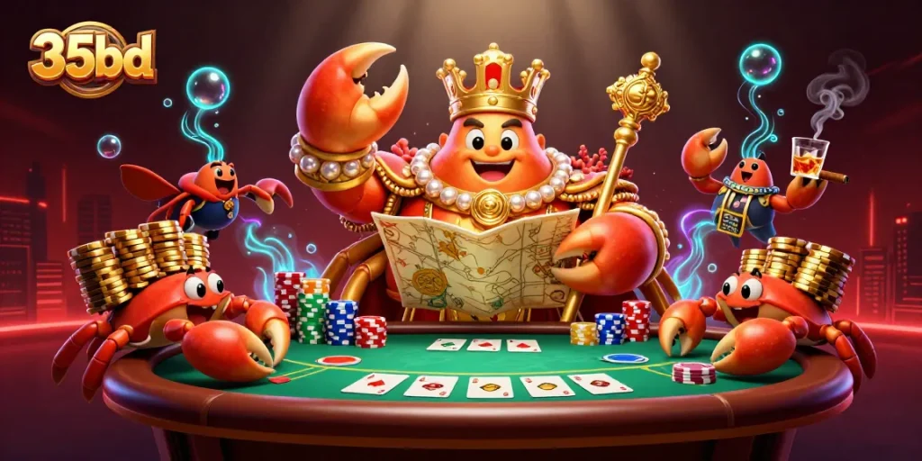 Bet on fortune with 35bd's golden crab emperor at a thrilling poker table.