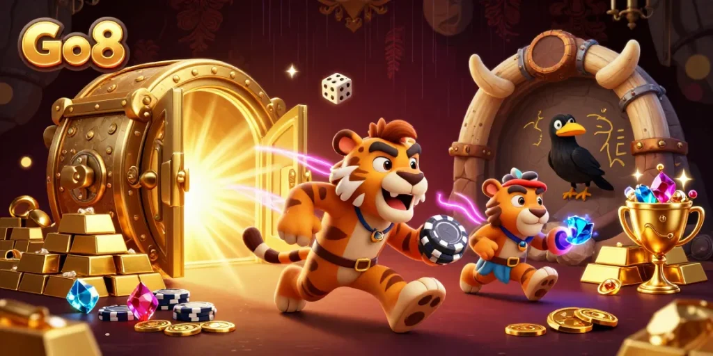 Engage in the Go8 casino experience with lively caveman and sabertooth characters amid dazzling treasures.