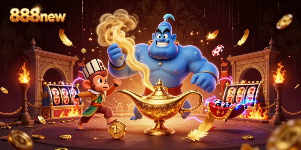 Engage with the excitement of 888new through a vibrant 3D casino scene featuring iconic characters and elements.