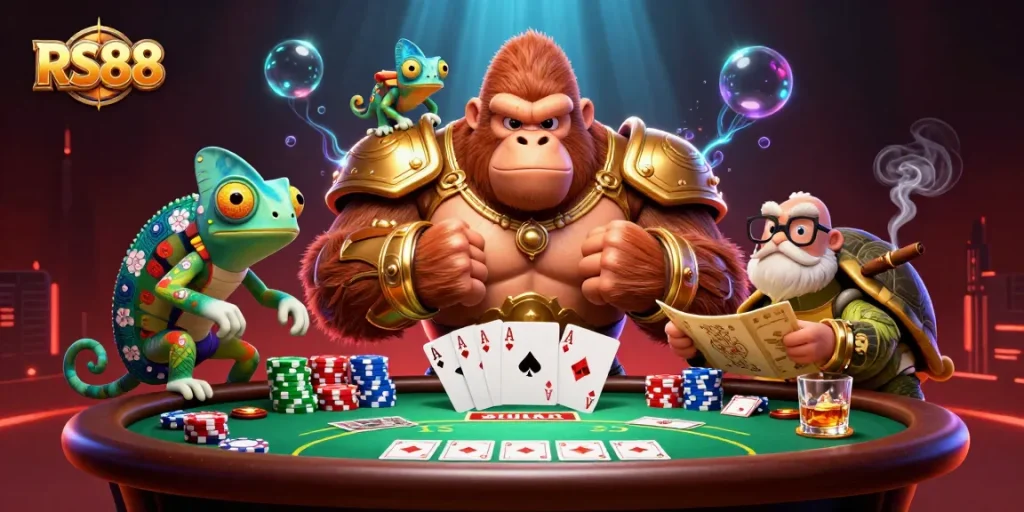 RS88 players engaging dynamically with poker, chips, and colorful characters in a thrilling casino atmosphere.