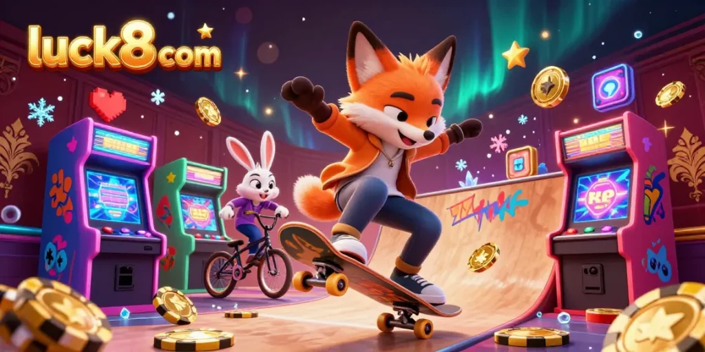 Immerse in the gaming world with luck8 com, featuring vibrant 3D characters and casino-themed elements.